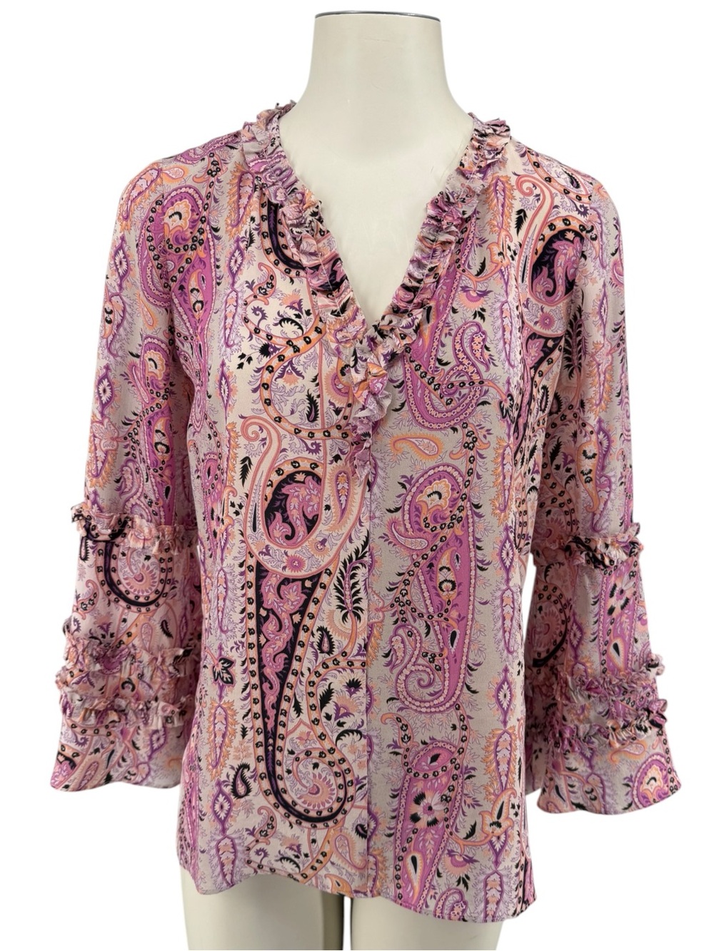 Kobi Halperin Pink Paisley Ruffle V-Neck Blouse